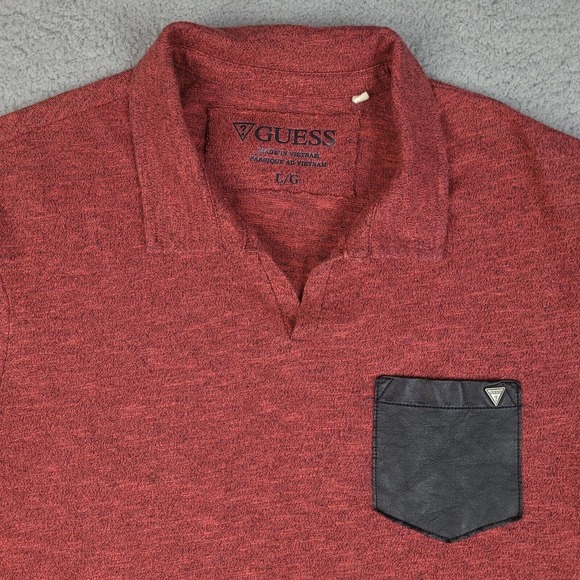 Guess Polo Shirt Mens Large Red Heathered Faux Leather Pocket Collared V-Neck - Picture 2 of 13